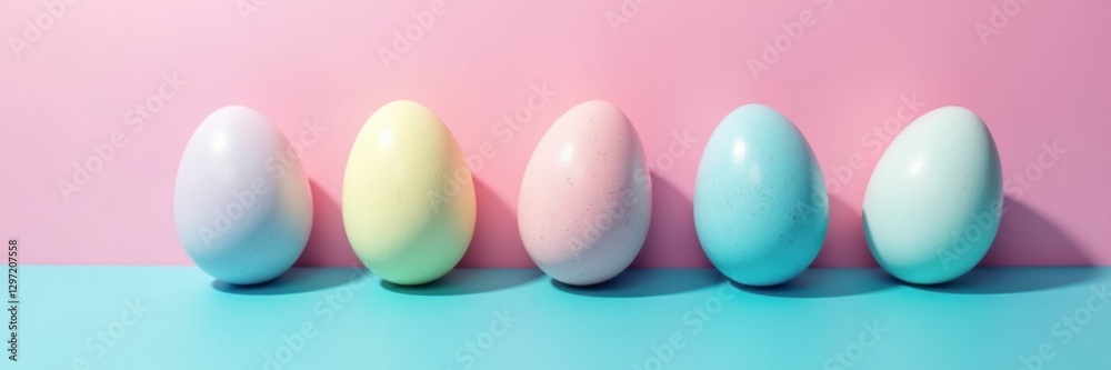Colorful easter eggs arranged in a row against a pastel pink and blue background, perfect for seasonal decorations and festive marketing materials.