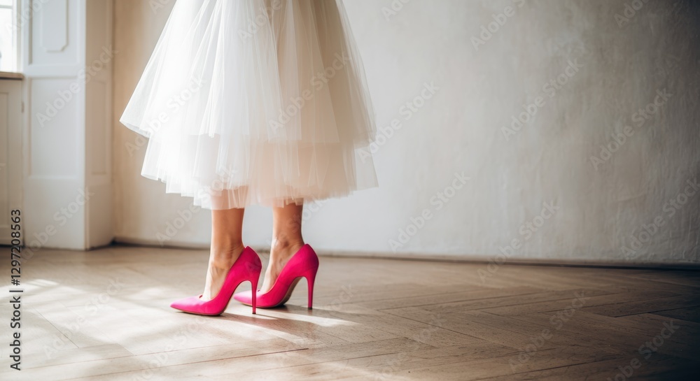 Female in tulle skirt and pink heels standing on wooden floor Female in tulle skirt and pink heels standing on wooden floor