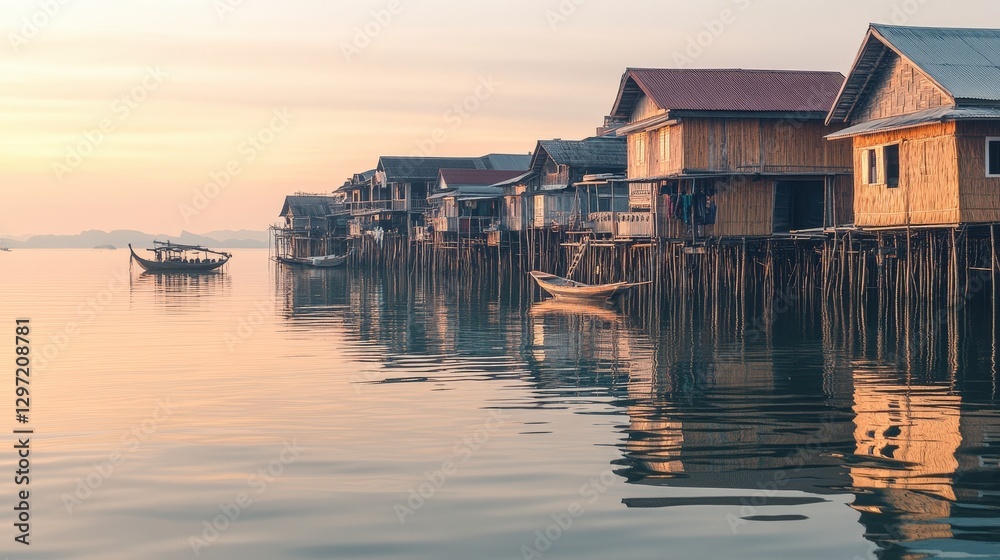 Serene Coastal Village Built on Stilts Above Calm Waters at Sunrise Serene Coastal Village Built on Stilts Above Calm Waters at Sunrise