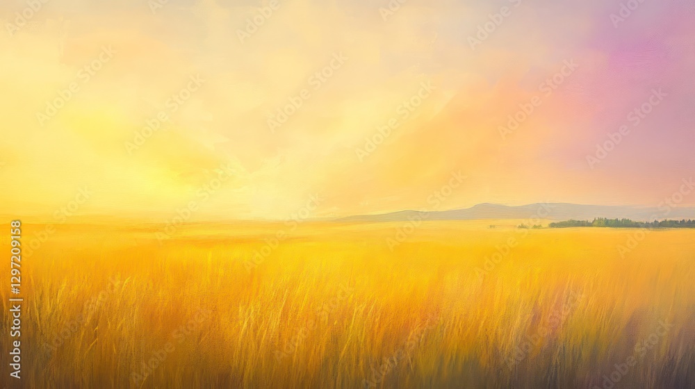 Fototapeta premium A golden field with an expansive sky at sunset time