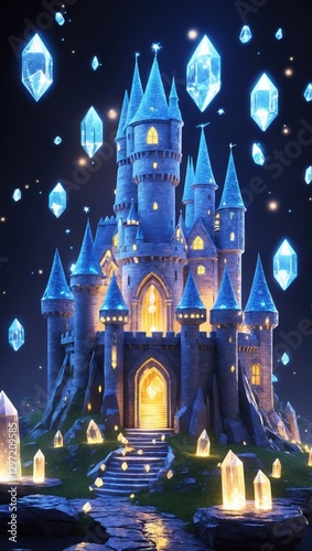 Blue stone castle at night with crystals floating. Castle on hill with glowing windows and lights. Light glows from castle door, illuminates steps.