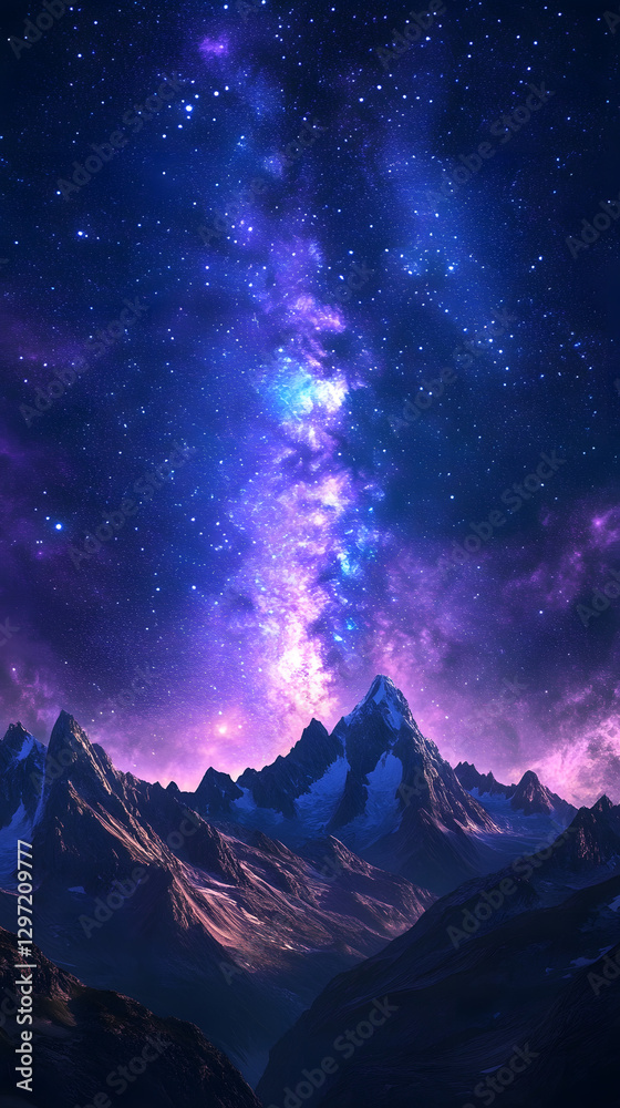 Starry Night Sky over Mountains, with purple and blue colors
