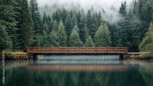 Secluded Wooden Bridge Crossing a Misty River Surrounded by Pines