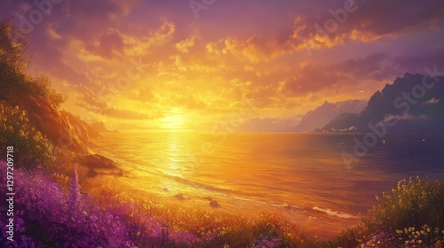 A brilliant sunset casts golden light on the calm ocean shore