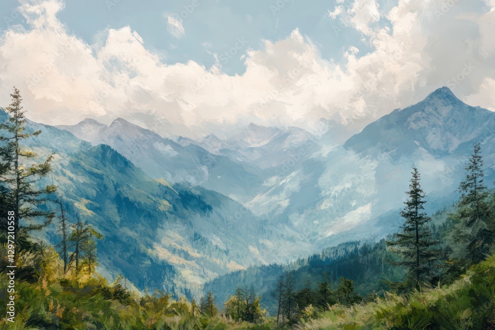 Obraz premium A beautiful painting of mountains with clouds and a blue sky