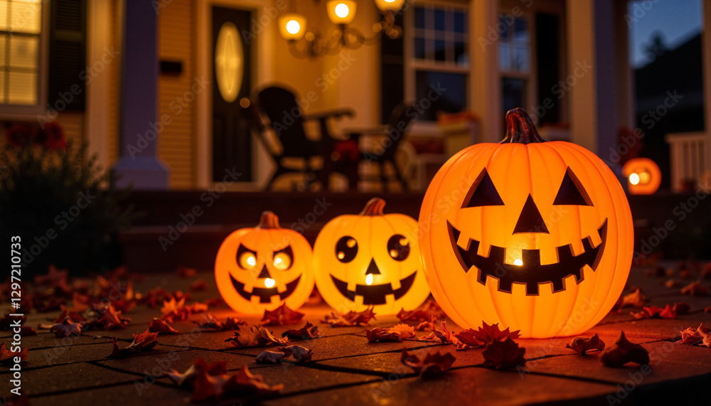 Fototapeta premium Eerie Halloween lanterns glowing on haunted porch at night, spooky ambiance