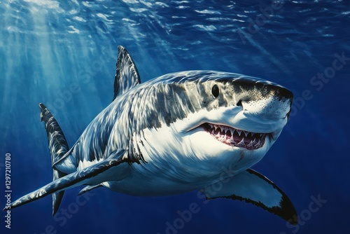 A large great white shark swims in the deep ocean water photo