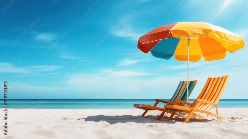 This serene beach scene features two colorful lounge chairs beneath a large umbrella, perfect for relaxation against the backdrop of a clear blue sky and gentle waves. This serene beach scene features two colorful lounge chairs beneath a large umbrella, perfect for relaxation against the backdrop of a clear blue sky and gentle waves.
