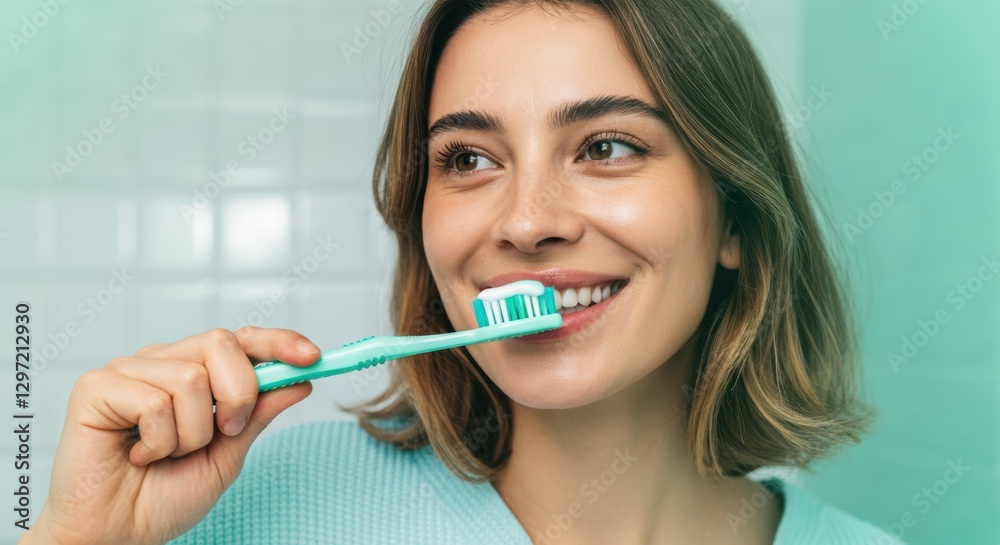 Smiling young caucasian female brushing teeth in bathroom Smiling young caucasian female brushing teeth in bathroom