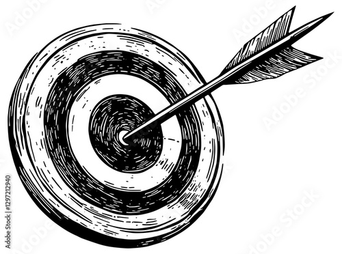 Cartoon target with an arrow in the bullseye, in black, isolated 