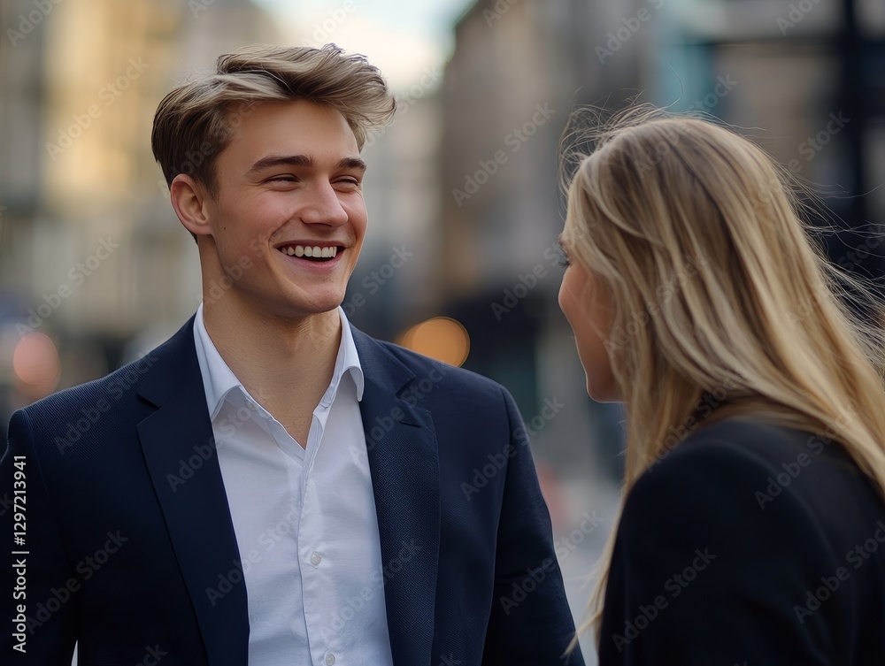 Urban evening scene featuring man and woman formally dressed individuals amidst blurred city lights Urban evening scene featuring man and woman formally dressed individuals amidst blurred city lights