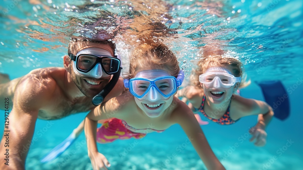 Fototapeta premium Father and daughter snorkeling in the sea 