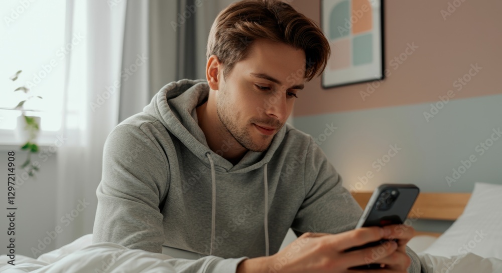 Young caucasian male relaxing at home using smartphone in casual gray hoodie Young caucasian male relaxing at home using smartphone in casual gray hoodie