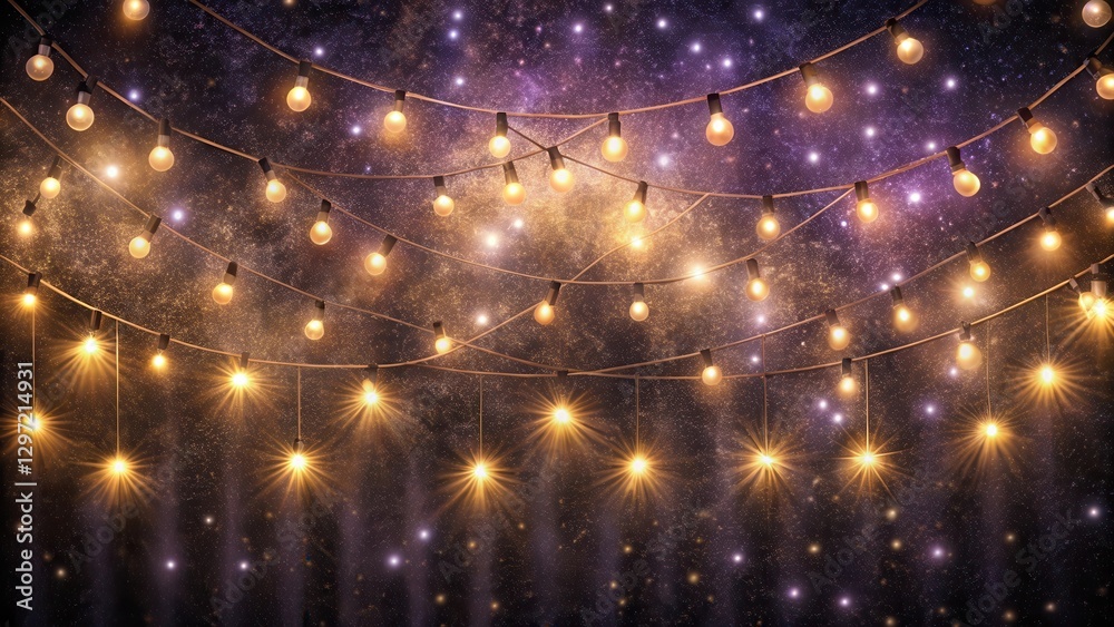 Naklejka premium Sparkling fairy lights suspended from a dark velvet backdrop, decor, sparkling, decor, sparkling