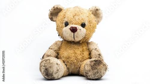 Worn-Out Teddy Bear: A Grimy, Old Plush Toy Isolated Against a Clean White Background