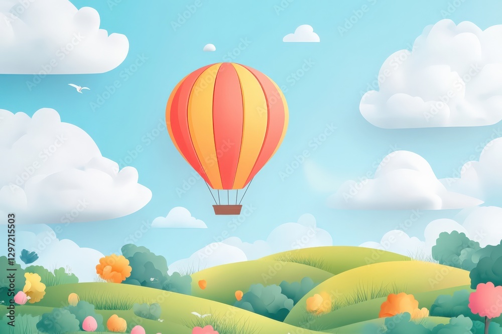 Naklejka premium Hot air balloon flying over green hills and colorful trees in paper cut style