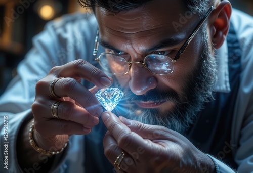Expert gemologist examining a brilliant diamond in workshop