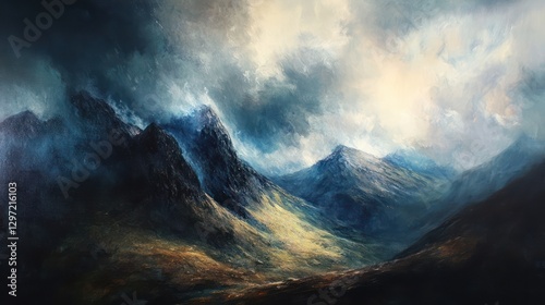 Majestic mountains shrouded in dramatic clouds and atmospheric light