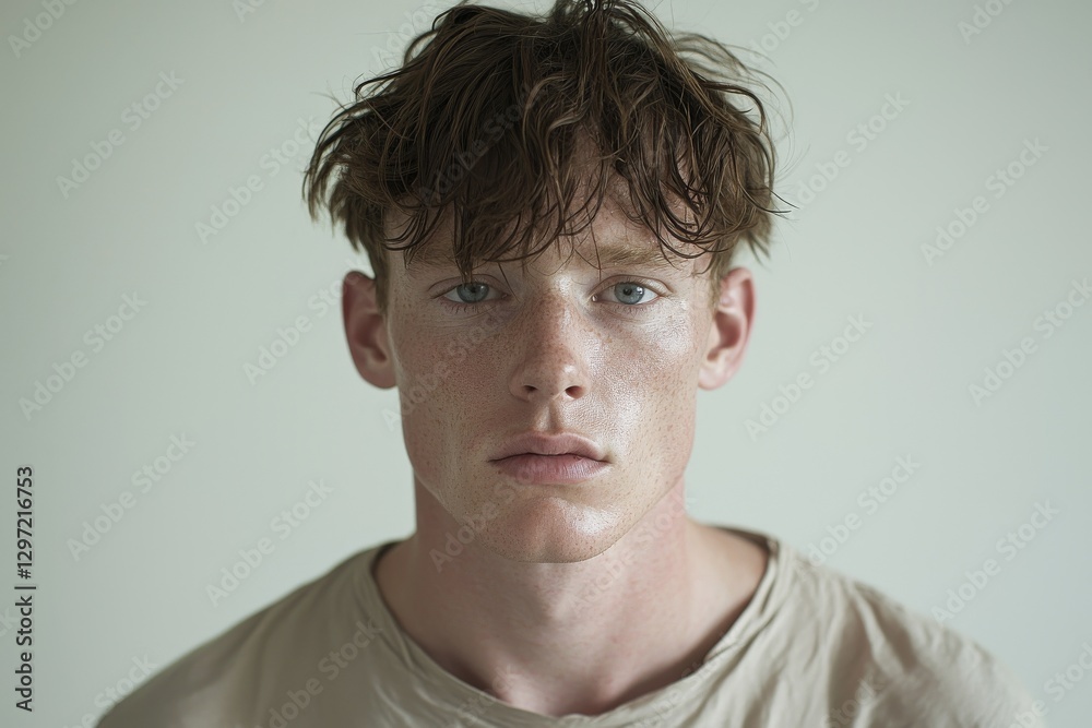 Fototapeta premium The camera captures a portrait of an attractive young man with short hair and blue eyes, who is wearing a beige t-shirt and standing against a plain white background with a smile on his face