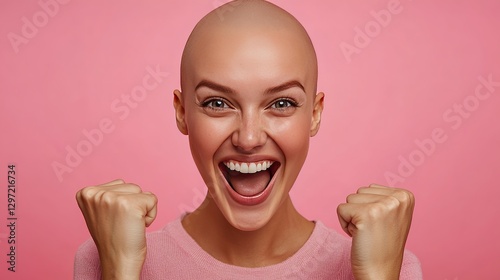 A bald woman on a pink background who has beaten breast cancer	
