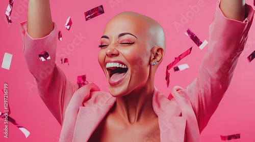 a bald woman on a pink background who has beaten breast cancer