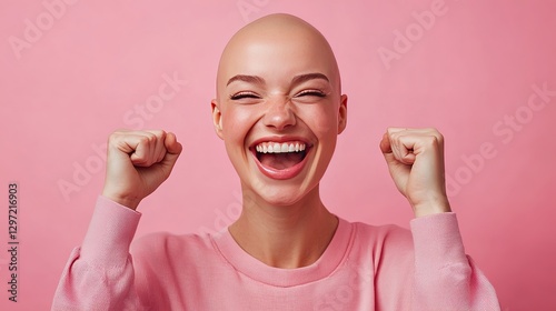 A bald woman on a pink background who has beaten breast cancer	
