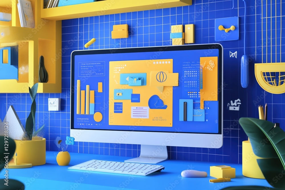 Obraz premium Graphic layout showcasing advertising concepts for online platforms on a vibrant desktop