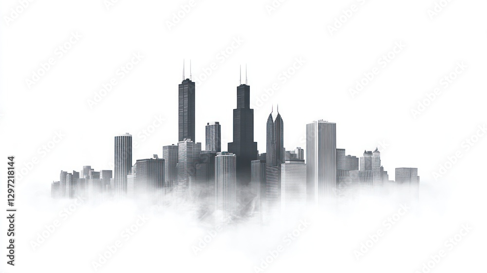 Fototapeta premium Chicago skyline above clouds, city view, tranquil scene, graphic art
