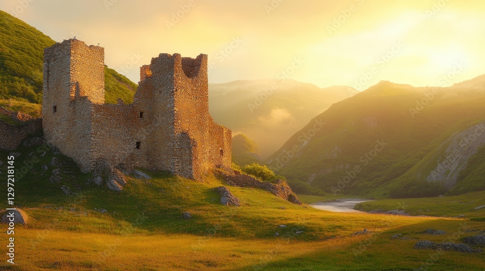 Serene Medieval Castle Nestled in Rolling Green Hills at Sunrise Serene Medieval Castle Nestled in Rolling Green Hills at Sunrise