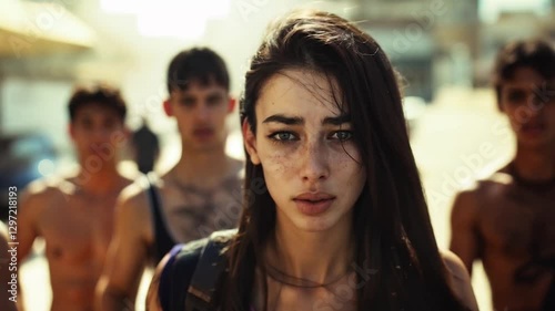 young caucasian woman worried and scared, harassed and chased by a group of delinquent immigrant individuals	