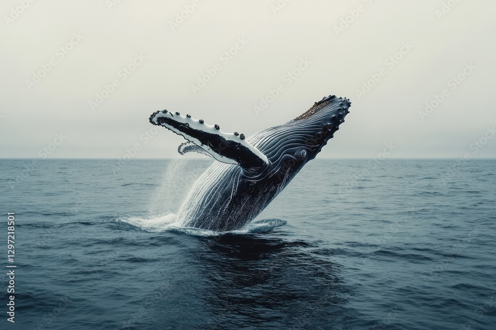 Fototapeta premium A massive humpback whale breaches above the ocean water surface