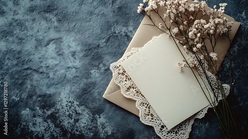 A delicate lace-bordered card with space for text, leaning against a vintage envelope