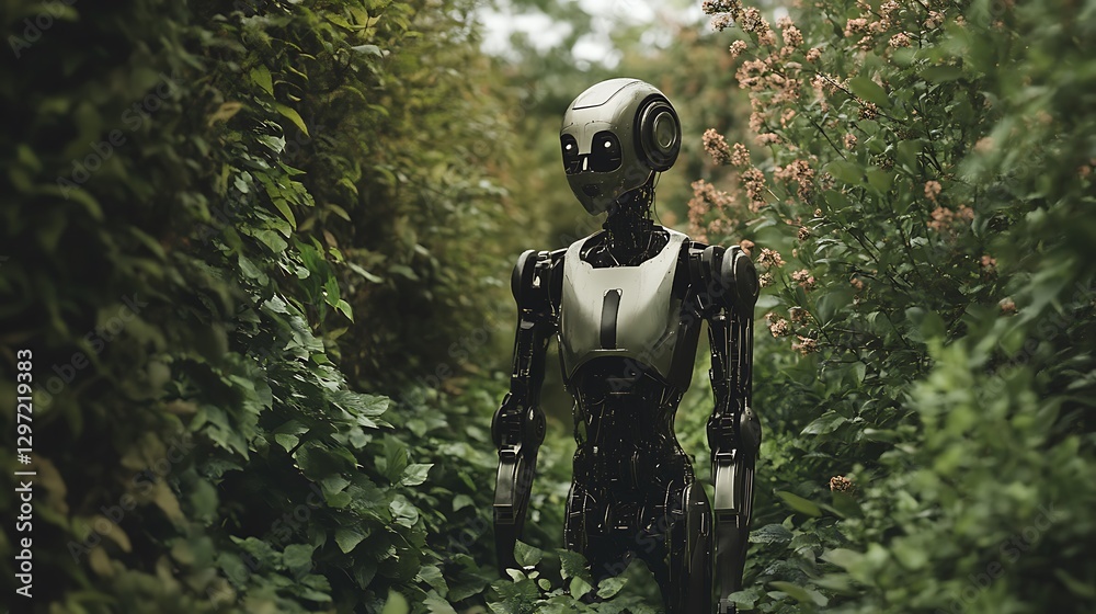 Fototapeta premium A humanoid robot standing in a lush, overgrown garden