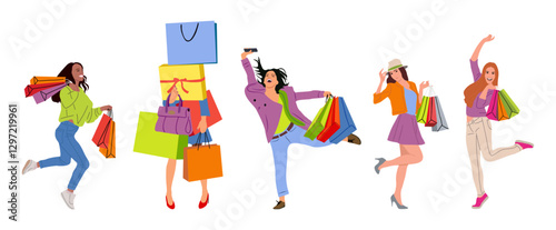 Set of various happy girls buyer. Collection of different woman with gift box, shopping bags. Joyful shopaholic cartoon characters. Colorful flat vector illustrations isolated on white background.