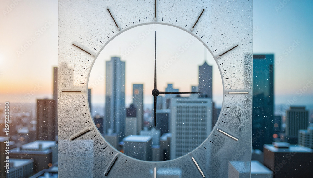 Obraz premium Icy window reflection of urban skyline at sunrise, morning tranquility