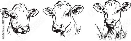 set of sketch hand-drawn cows