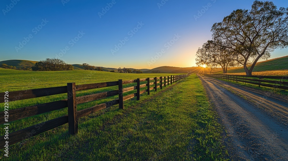 Serene Sunrise Over Pasture with Rustic Fence in Countryside Serene Sunrise Over Pasture with Rustic Fence in Countryside