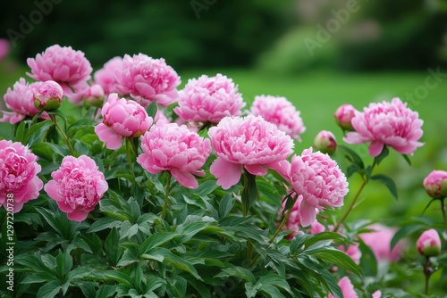 Vibrant Peony Bush in Full Bloom, Adorned with Abundant Pink Flowers Surrounded by Lush Green Leaves