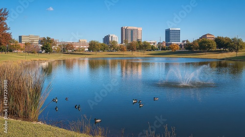 Vibrant Vista of Downtown Midland, Texas: A Sunny Day Over Wadley Barron Park's Duck Pond