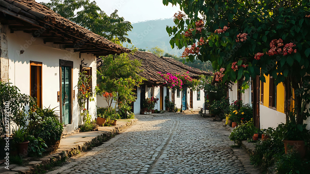 Obraz premium A peaceful village scene with cobblestone streets and houses