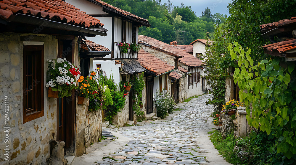 Obraz premium A peaceful village scene with cobblestone streets and houses
