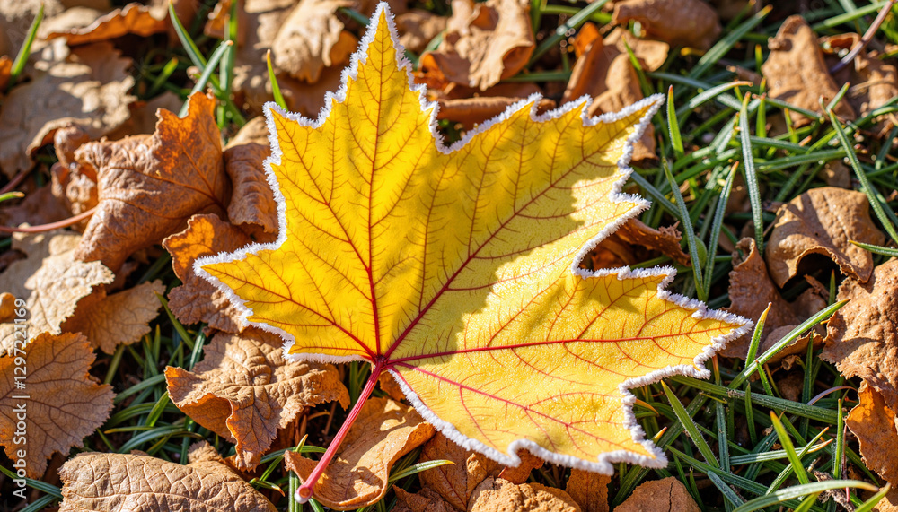 Frosty yellow leaf resting on autumn ground, seasonal beauty Frosty yellow leaf resting on autumn ground, seasonal beauty