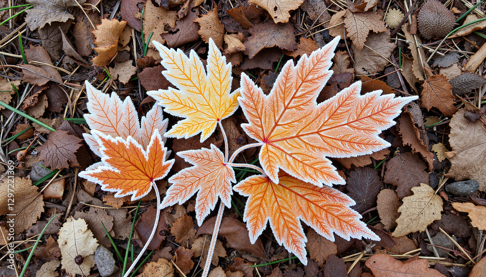 Obraz premium Cluster of frosted autumn leaves on woodland floor, seasonal beauty