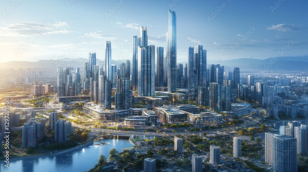 Fototapeta premium Aerial view of modern city skyline, sunrise, urban landscape