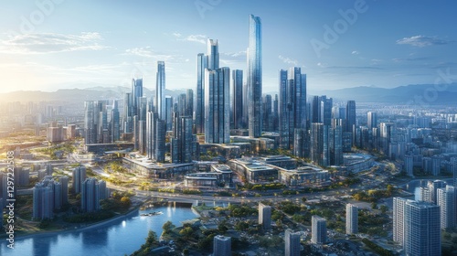 Aerial view of modern city skyline, sunrise, urban landscape