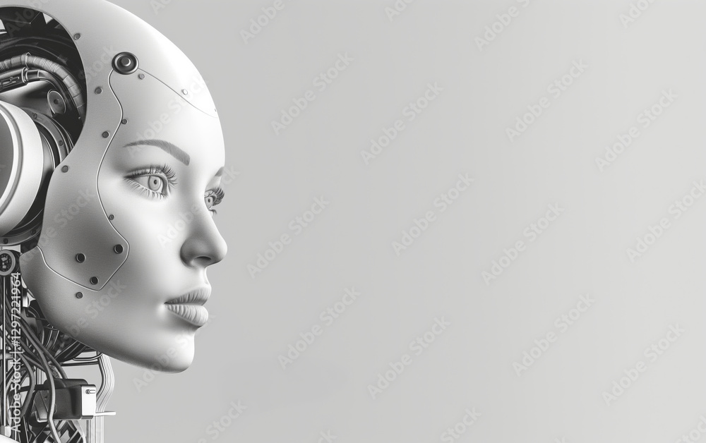 A close-up of a futuristic female robot with a sleek white and metallic design, featuring detailed cybernetic elements. Concept: Artificial intelligence, future technology, robotics. A close-up of a futuristic female robot with a sleek white and metallic design, featuring detailed cybernetic elements. Concept: Artificial intelligence, future technology, robotics.