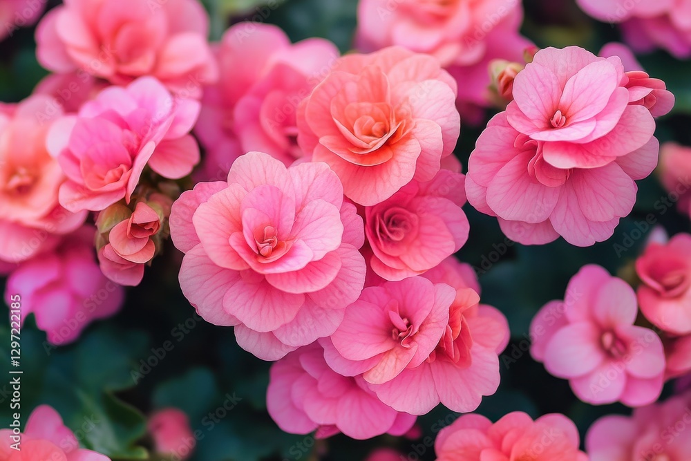 Vibrant Closeup of Blooming Pink Begonias in a Colorful Summer Flowerbed Vibrant Closeup of Blooming Pink Begonias in a Colorful Summer Flowerbed