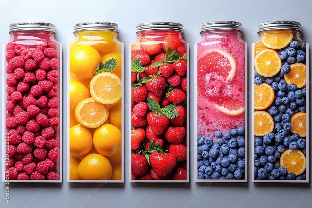 Colorful fruit jars arranged in a modern layout for promotional material Colorful fruit jars arranged in a modern layout for promotional material