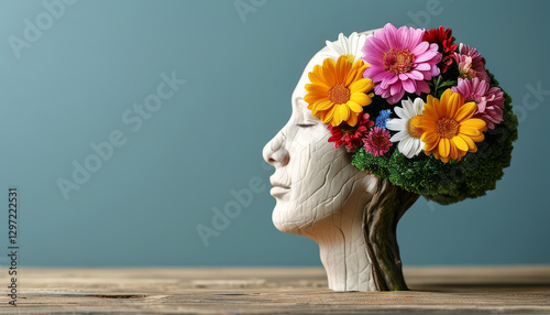 creative human brain concept, free mind and spirit, brain tree with flowers mental health, self-care concept, positive thinking, creative mind, ADHD, schizophrenia, depression, Anxiety, panic attacks