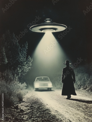 Nighttime UFO Encounter: Silhouette of Car in Eerie Beam of Light on Spooky Road